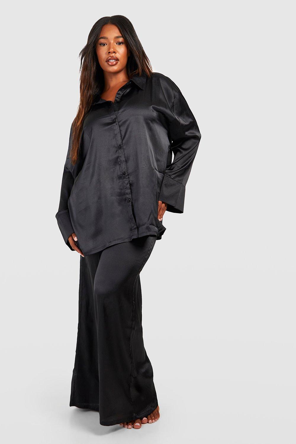 Women's Plus Oversized Satin Pyjama Shirt & Trouser Set