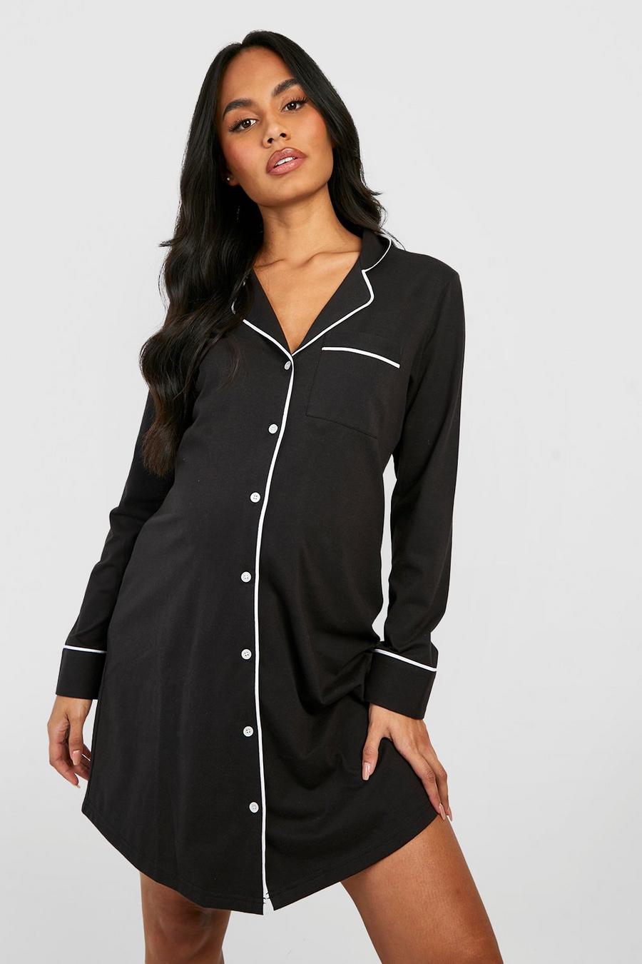Black Maternity Jersey Knit Piping Button Nightgown image number 1