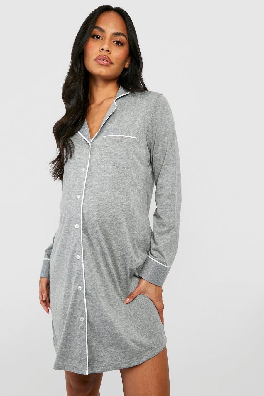 Grey marl Maternity Jersey Piping Button Nightie image number 1