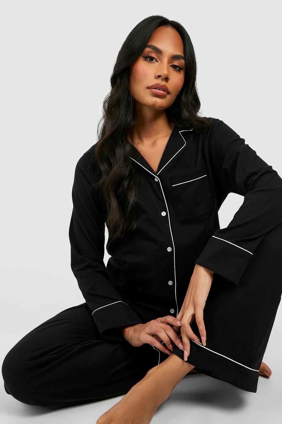 Black Maternity Jersey Piping Button Trouser Pyjama Set image number 1