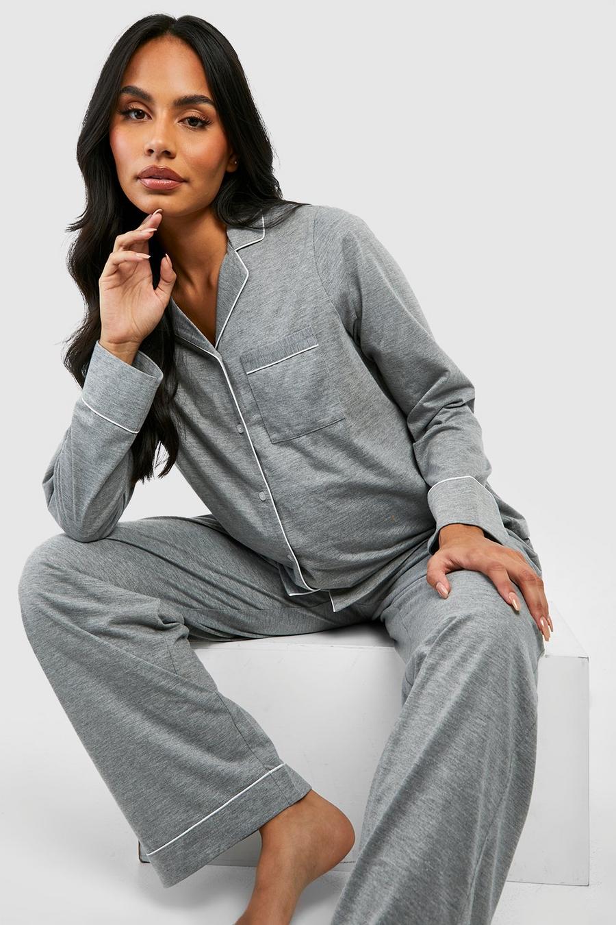Grey marl Maternity Jersey Piping Button Trouser Pyjama Set image number 1