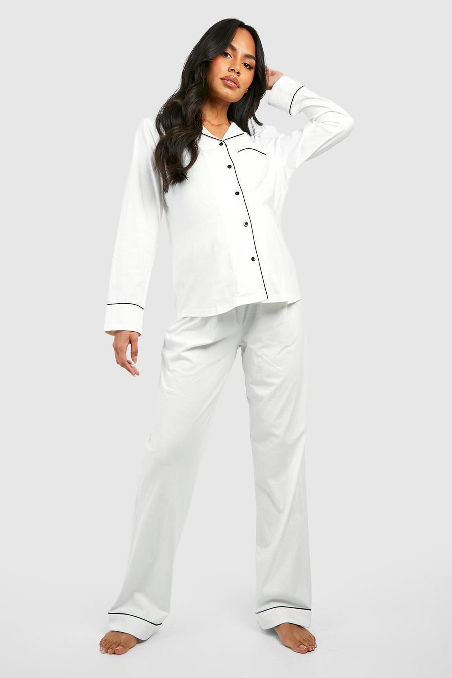 Ivory white Maternity Jersey Piping Button Trouser Pyjama Set
