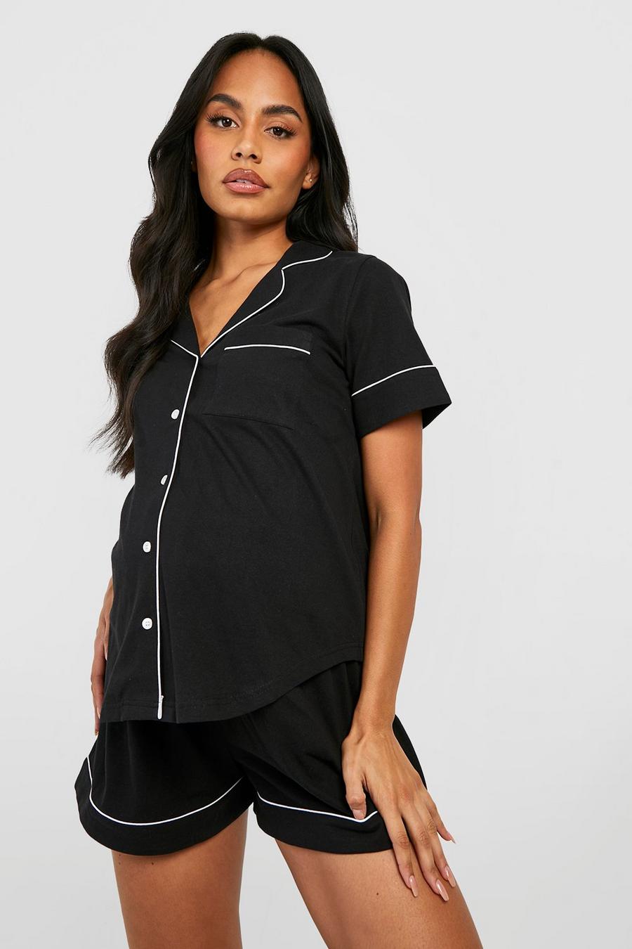 Black Maternity Jersey Piping Button Pj Short Set image number 1