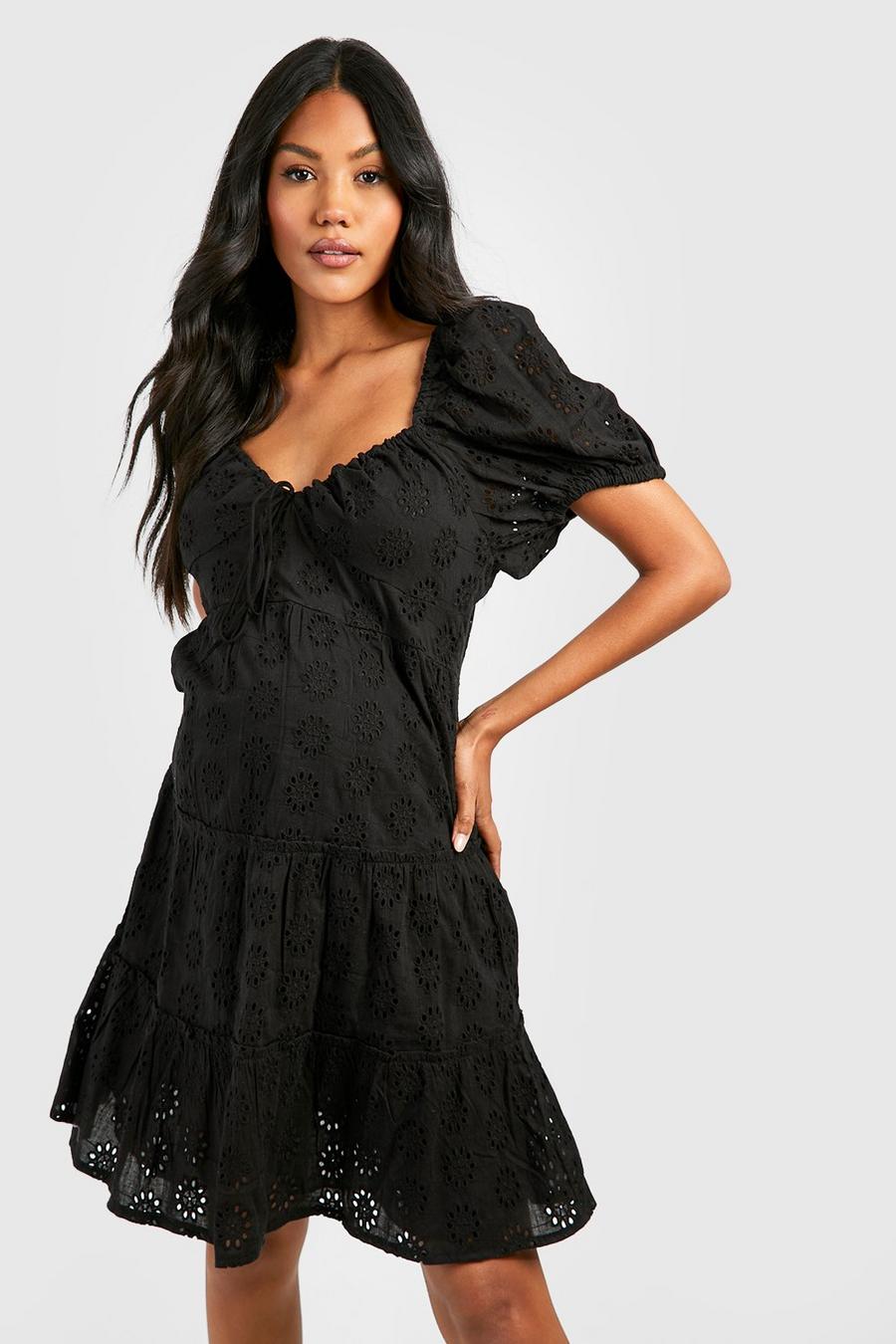 Black Maternity Broderie Tiered Smock Dress