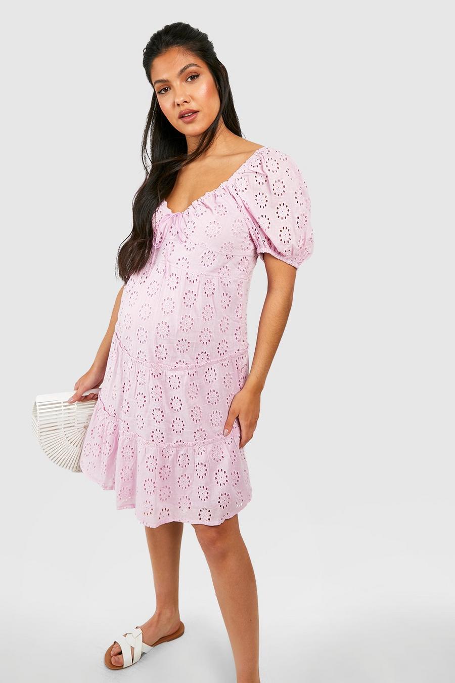Lavender lila Maternity Broderie Tiered Smock Dress