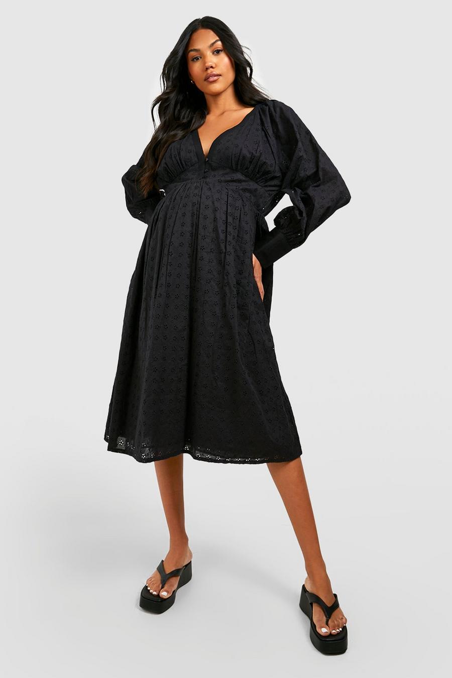 Black Maternity Broderie Button Front Midi Dress image number 1