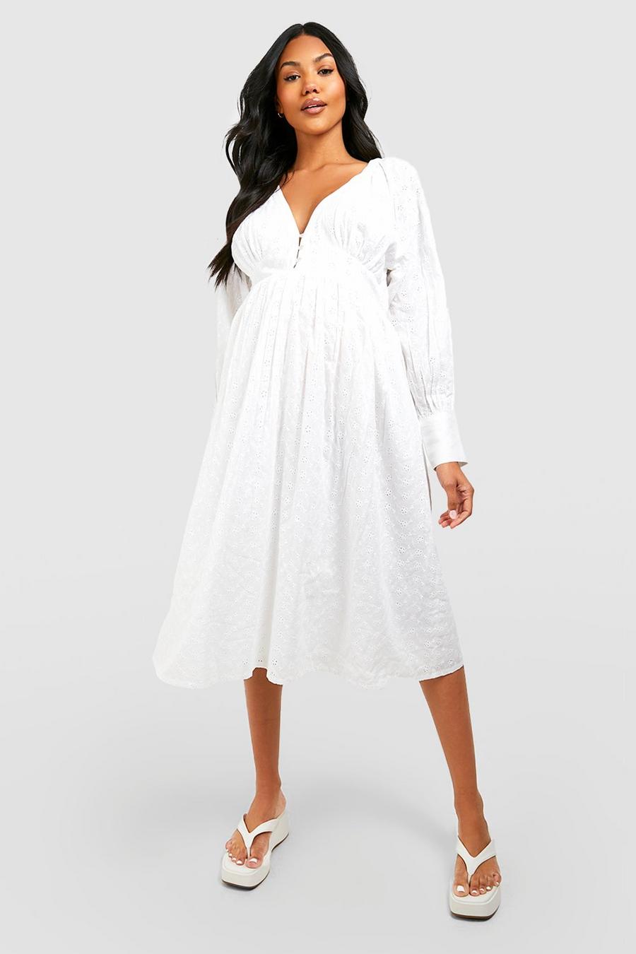 White Maternity Broderie Button Front Midi Dress image number 1