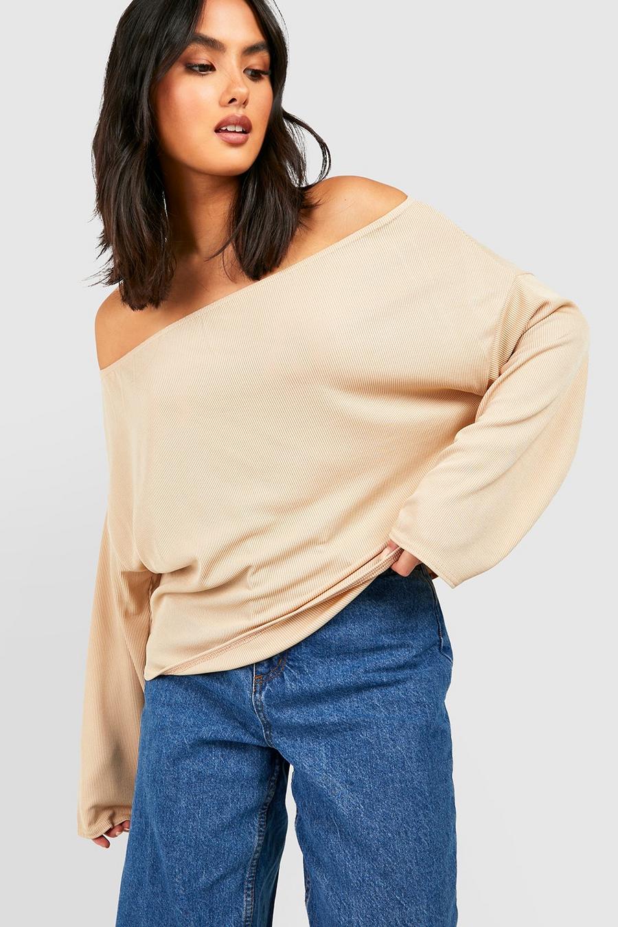 Stone Off The Shoulder Long Sleeve Oversized Rib Top image number 1