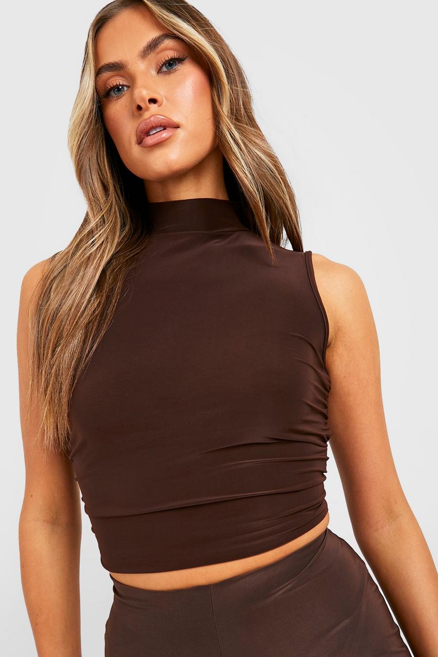 Chocolate High Neck Slinky Ruched Side Crop Top image number 1
