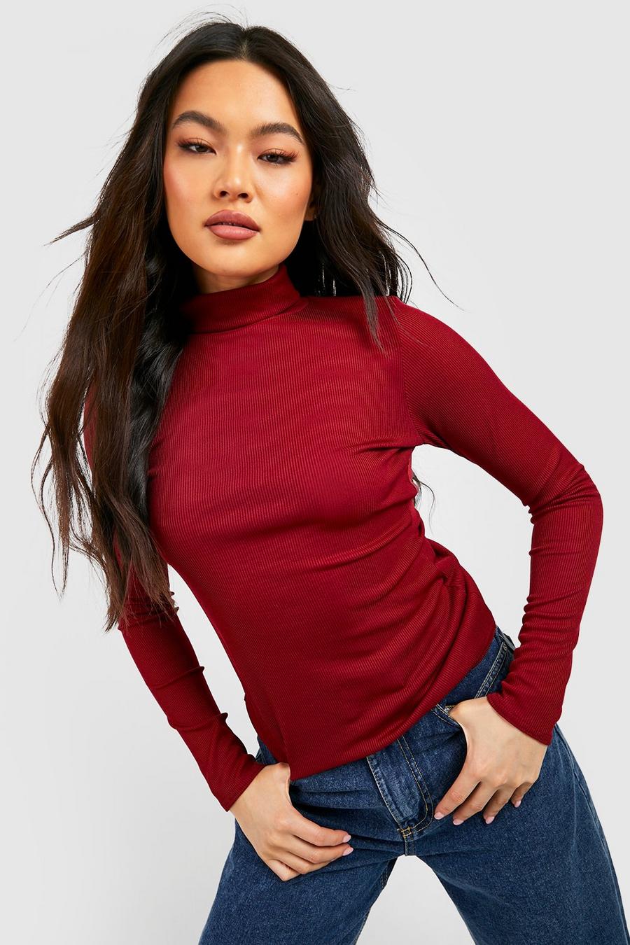 Berry Roll Neck Rib Long Sleeve Top image number 1