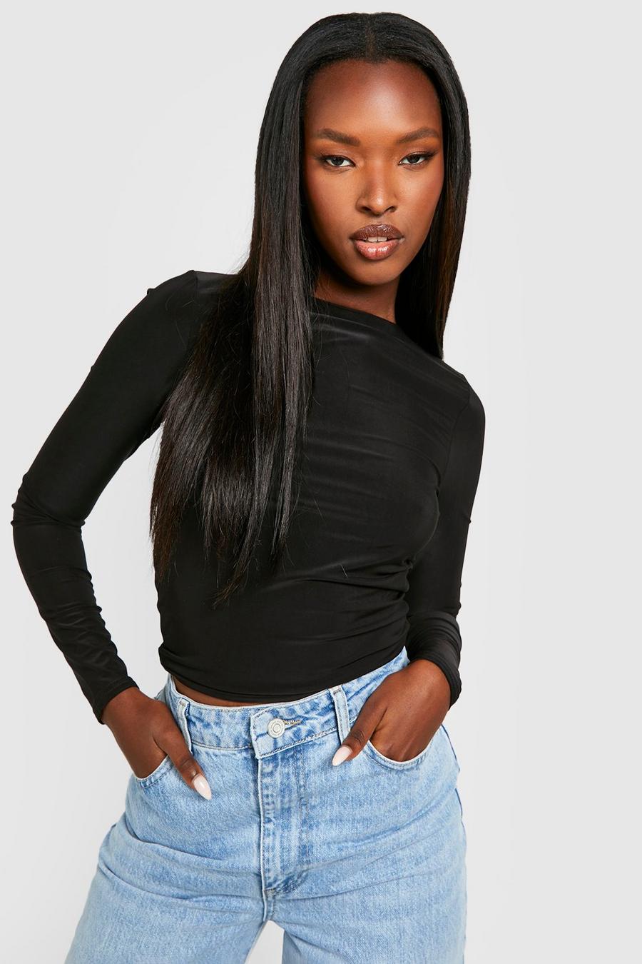 Black Double Layer Crew Neck Long Sleeve Top  image number 1
