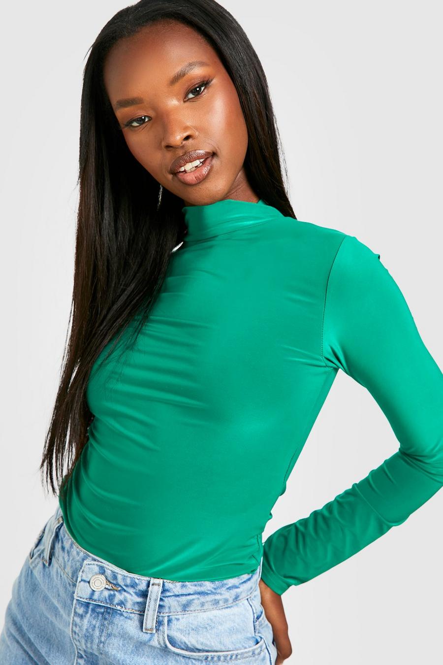 Green Double Layer High Neck Long Sleeve Top image number 1