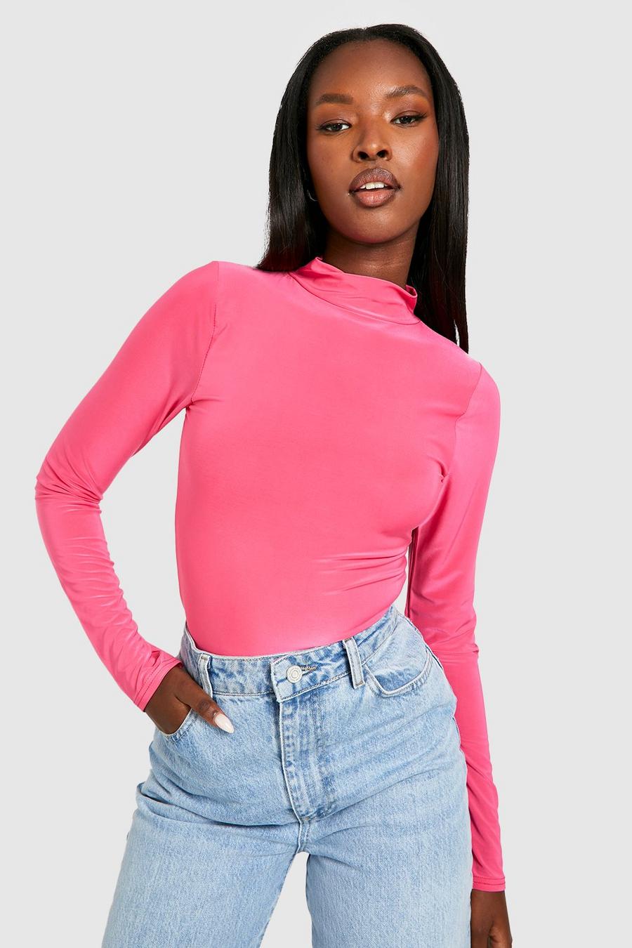 Hot pink Double Layer High Neck Long Sleeve Top image number 1