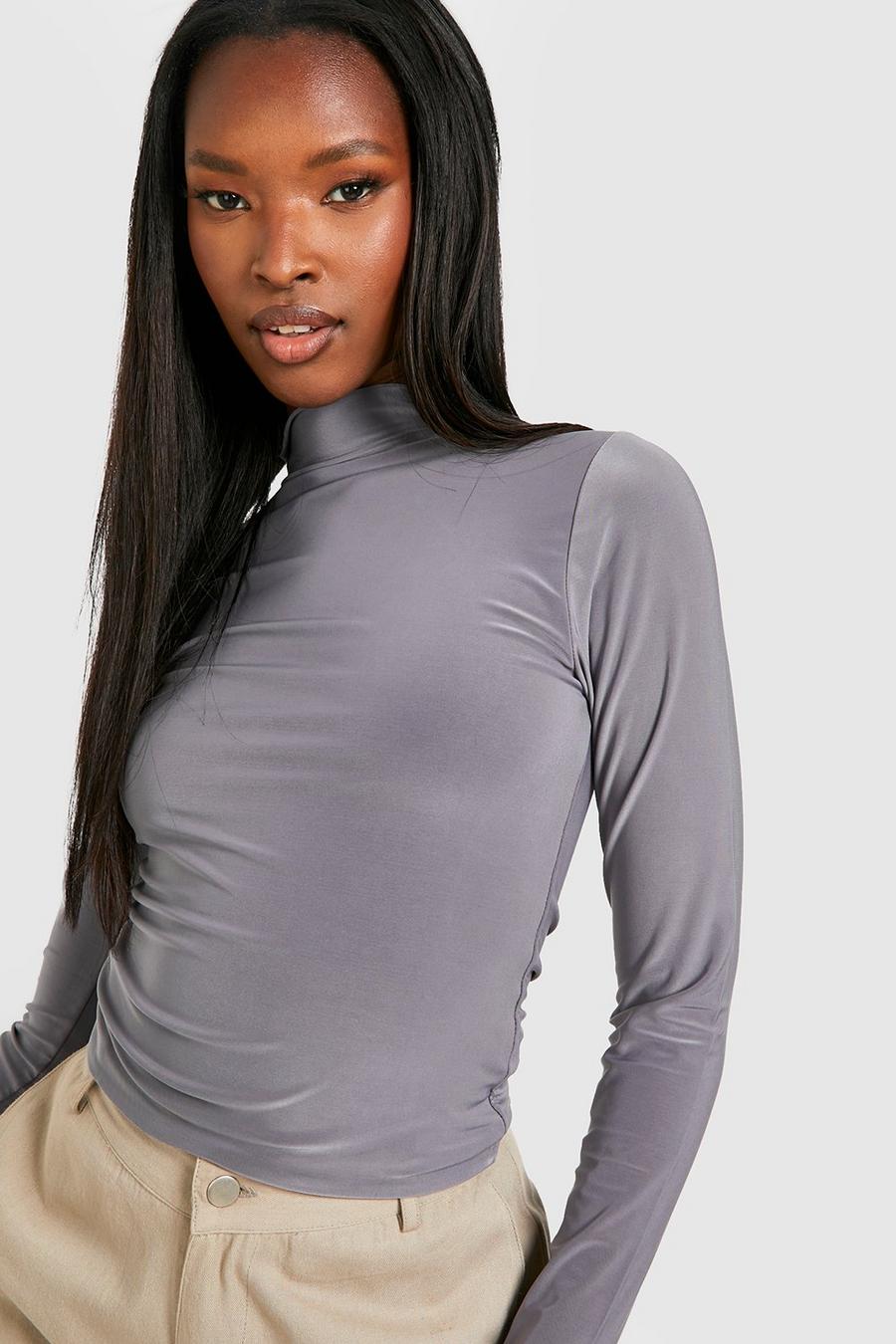 Slate grey Double Layer High Neck Long Sleeve Top image number 1