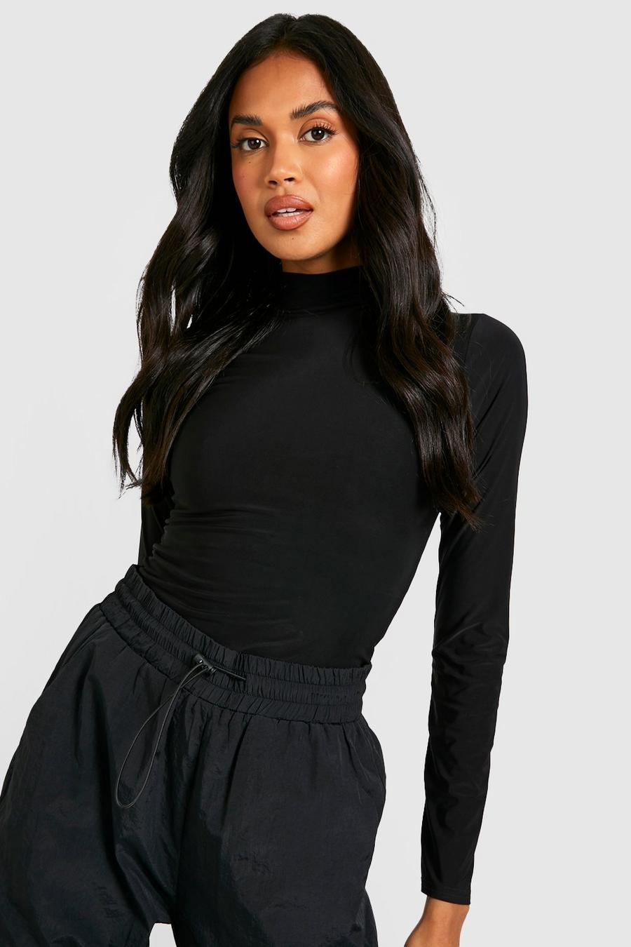 Black Double Layer High Neck Long Sleeve Top image number 1