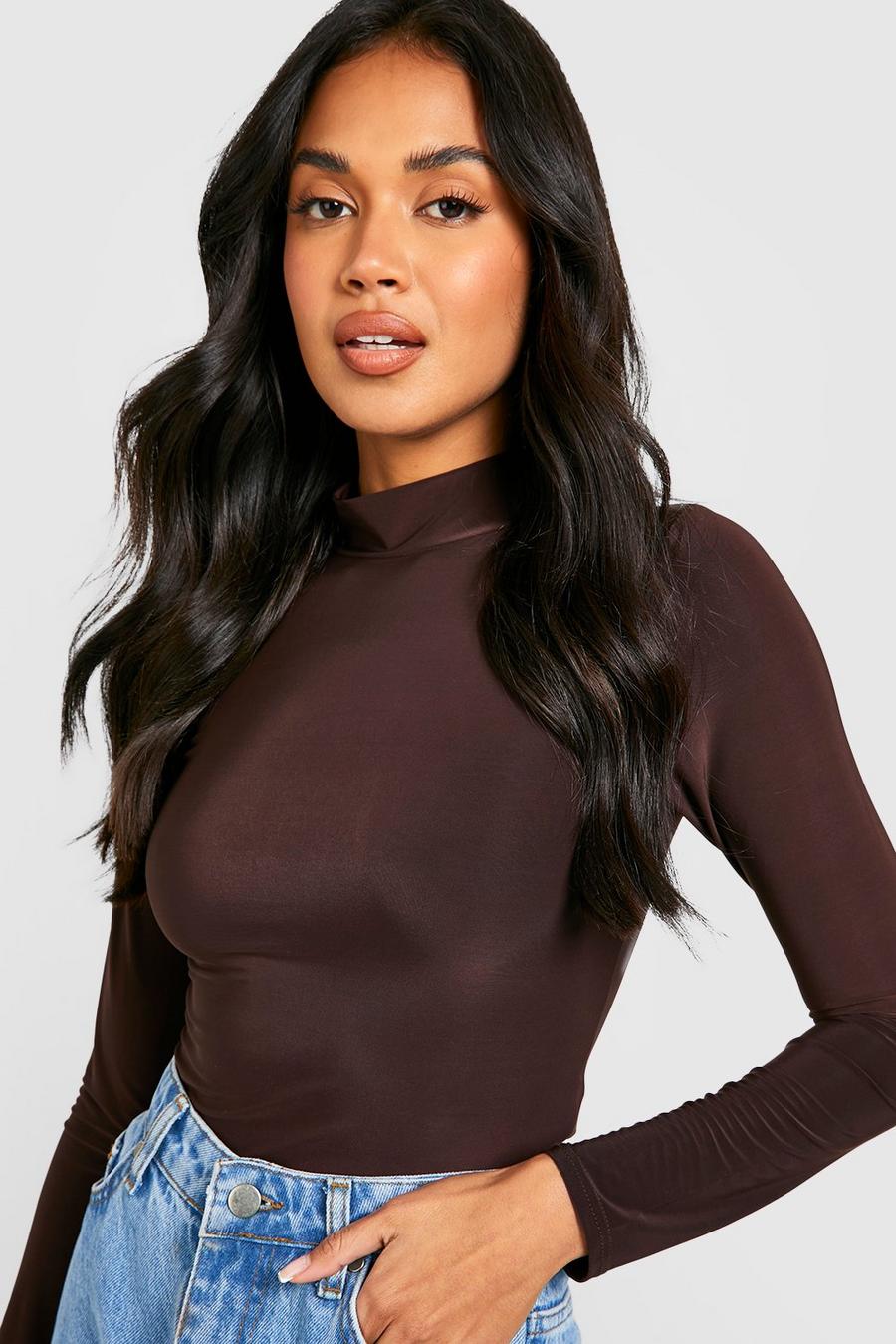Chocolate Double Layer High Neck Long Sleeve Top image number 1