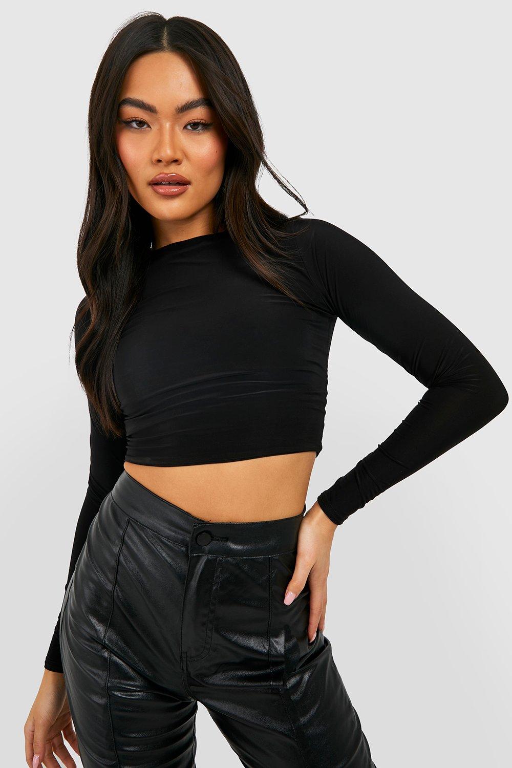 Black Double Layer Long Sleeve Fitted Crop Top
