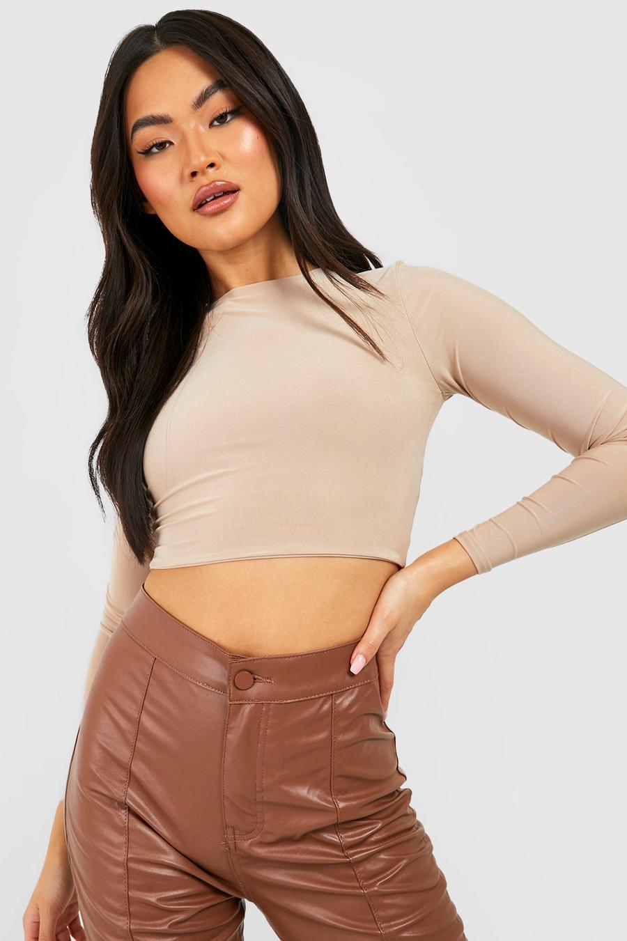 Stone Double Layer Long Sleeve Fitted Crop Top image number 1