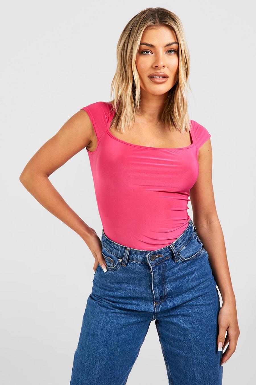 Slinky Cap Sleeve Square Neck Top, Hot pink rosa