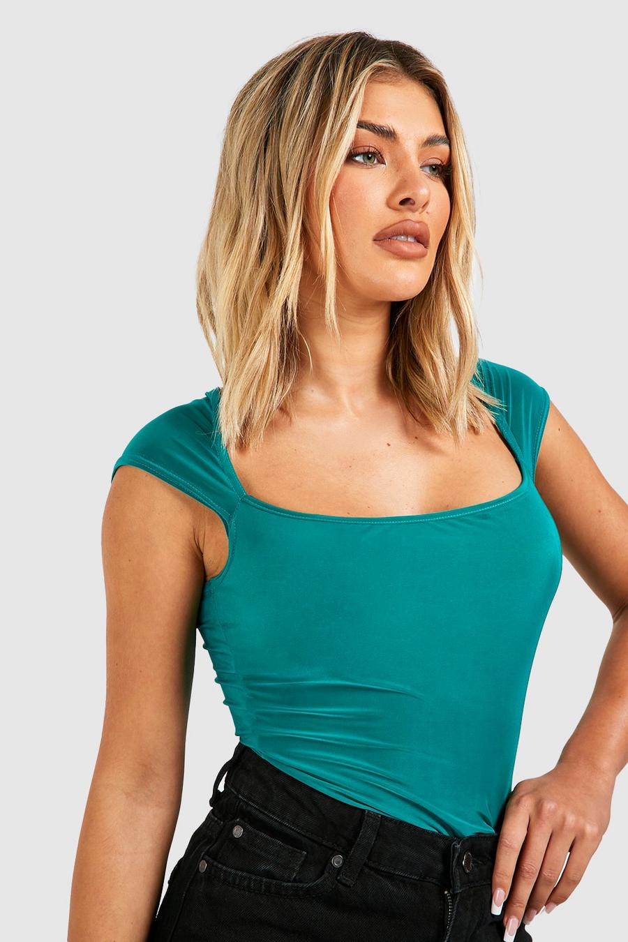 Teal Slinky Cap Sleeve Square Neck Top image number 1