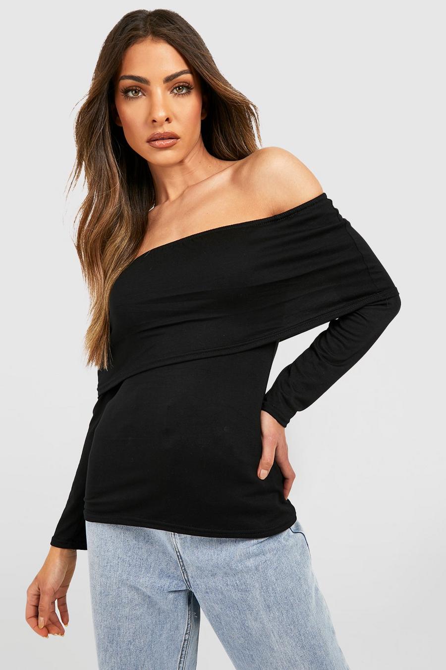 Black noir Bardot Overlay Long Sleeve Jersey Top