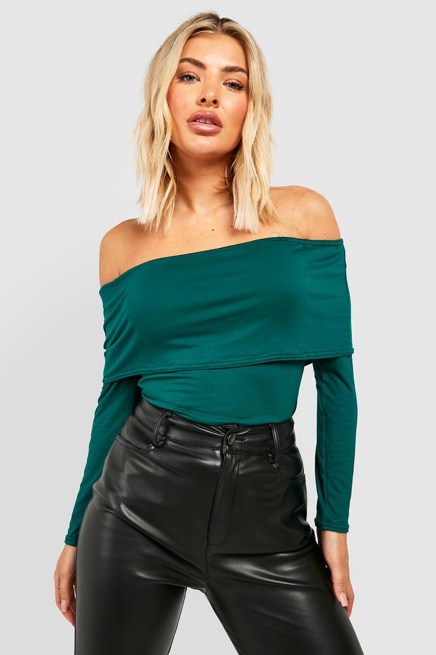 Green Bardot Overlay Long Sleeve Jersey Top