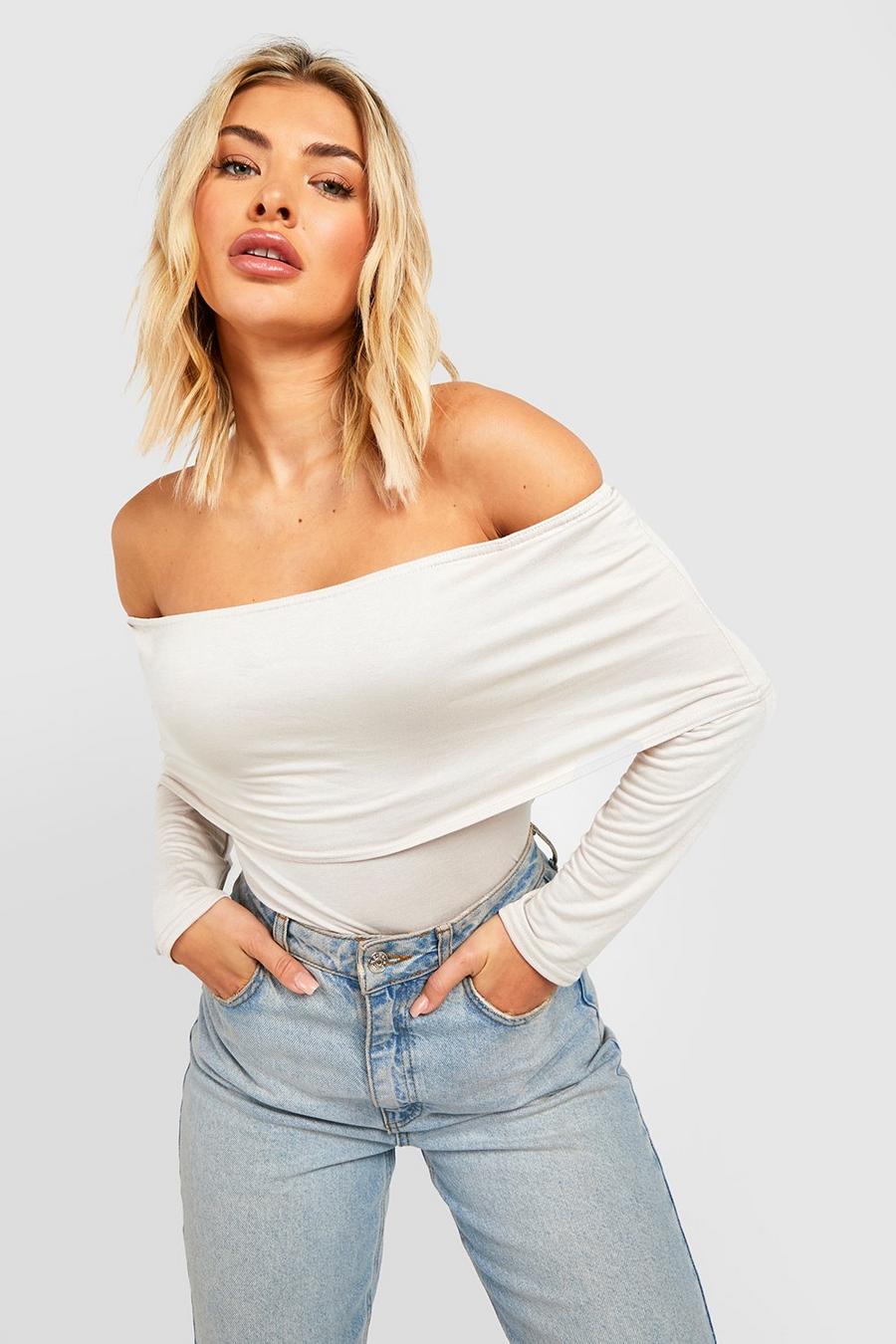 Stone Off The Shoulder Overlay Long Sleeve Jersey Knit Top image number 1
