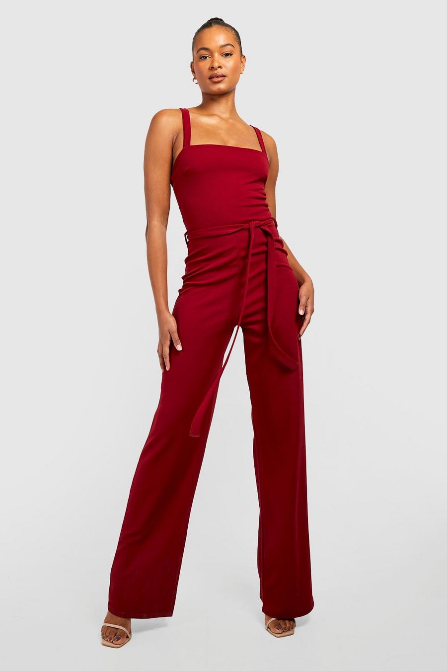 Berry Tall Square Neck Sleeveless Belted Wide Leg Jumpsuit image number 1