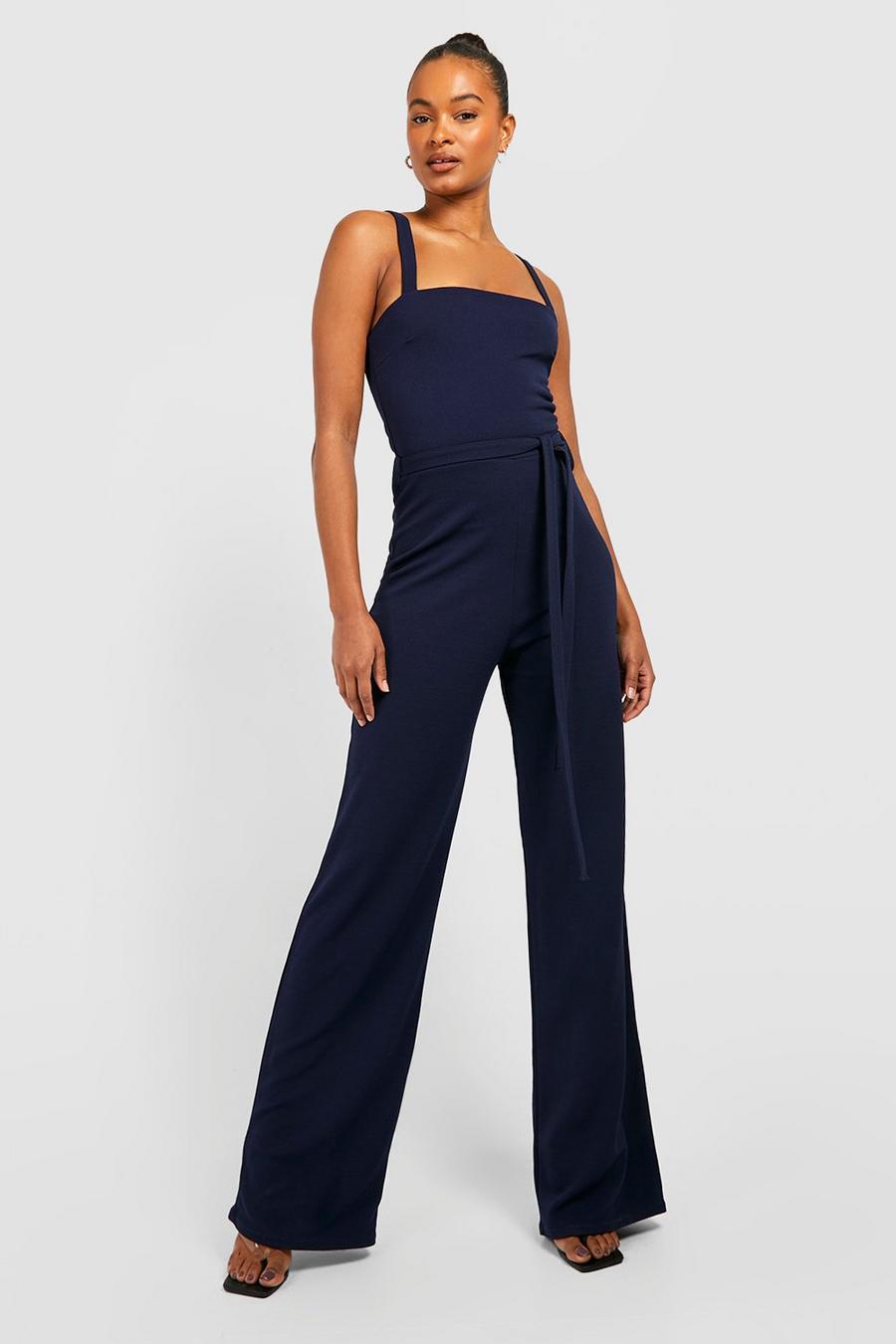 Navy Tall Square Neck Sleeveless Belted Wide Leg Jumpsuit image number 1