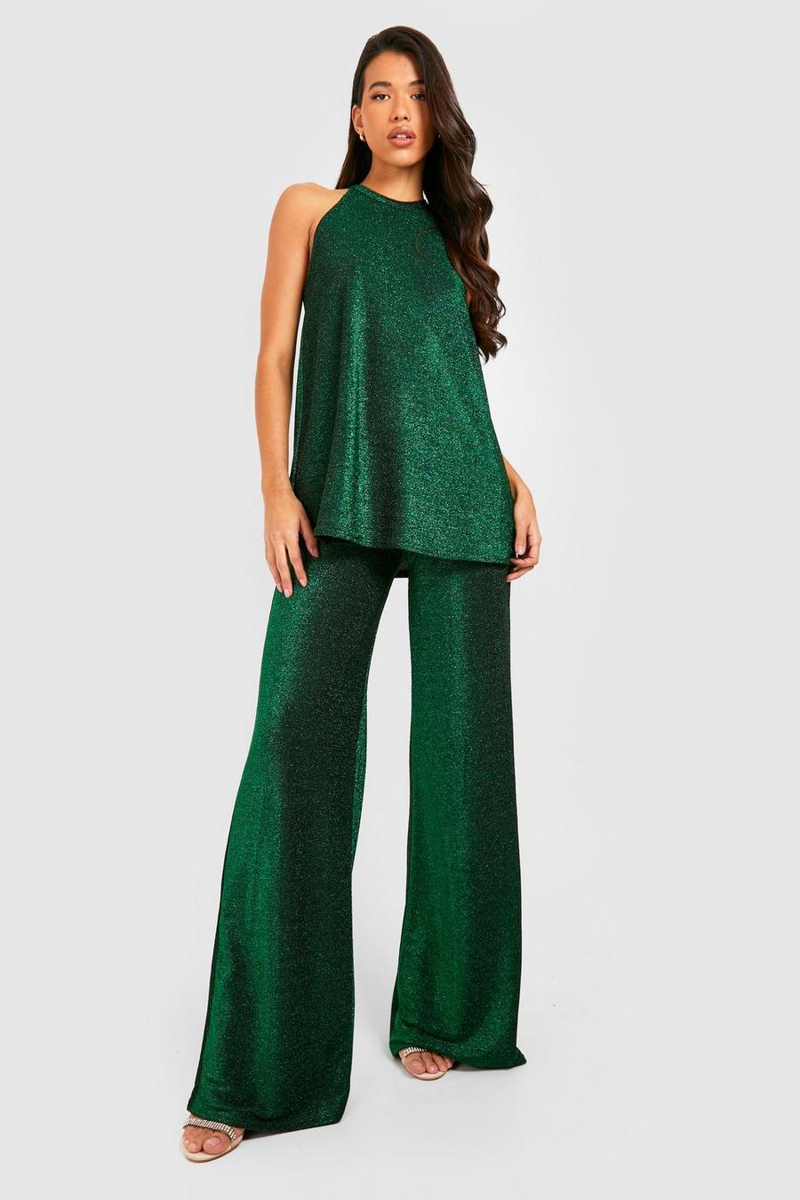 Green Tall Glitter Wide Leg Trousers image number 1