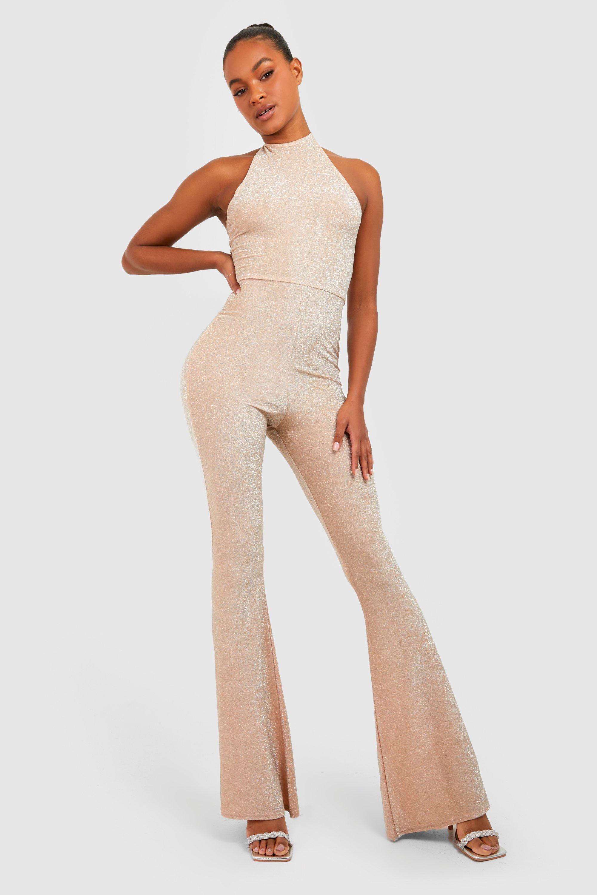 Tall Glitter Halter Flare Leg Jumpsuit