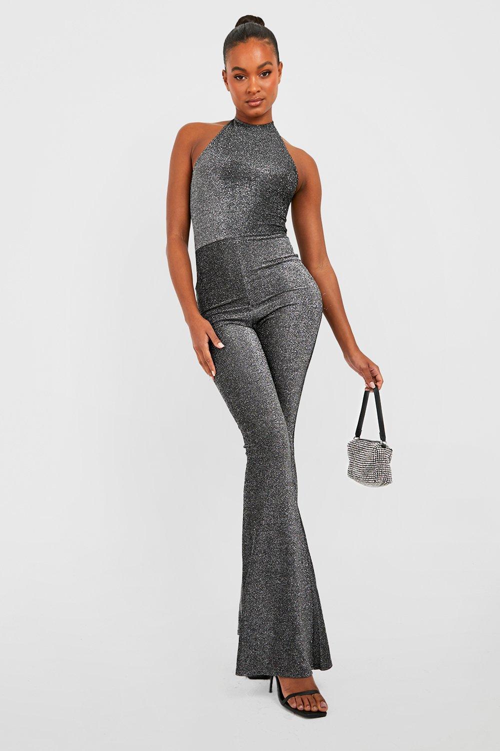 Tall Glitter Halter Flare Leg Jumpsuit