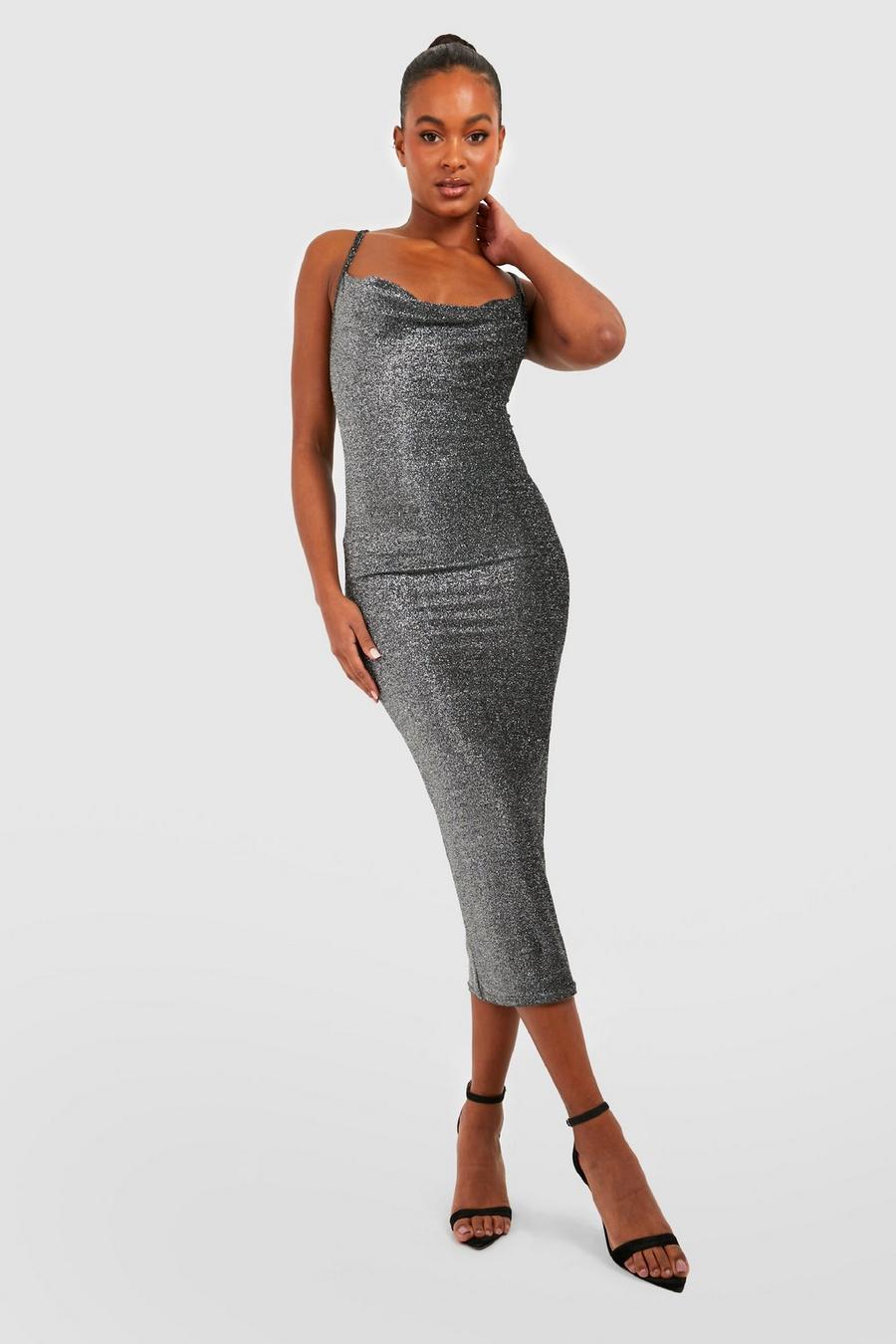 Pewter Tall Glitter Cowl Neck Bodycon Midi Dress image number 1