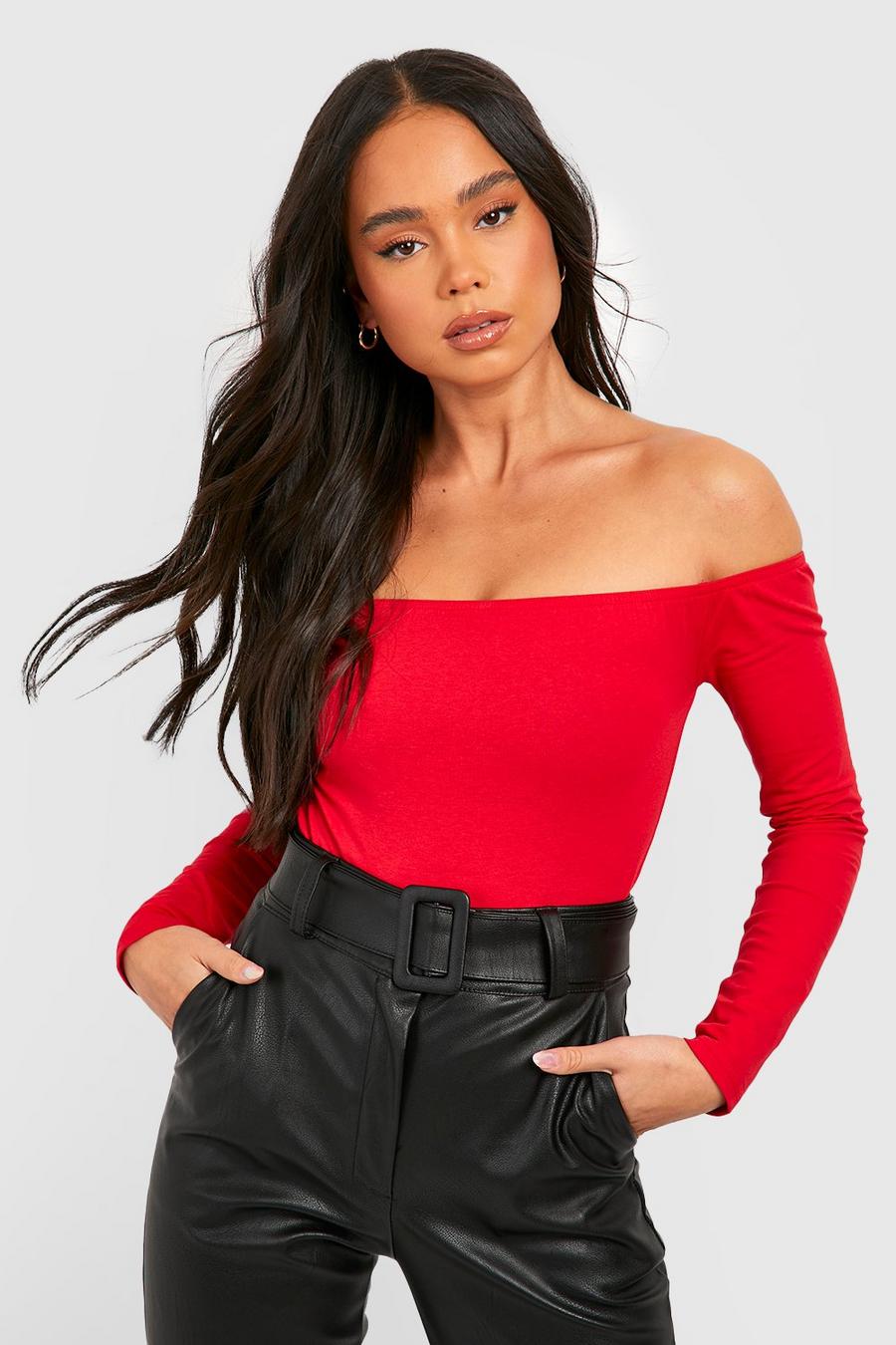 Red Petite Basic Bardot Long Sleeve Bodysuit 