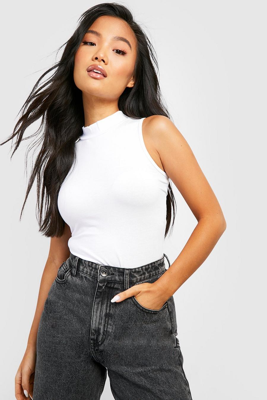 White Petite Basic High Neck Jersey Knit Top image number 1