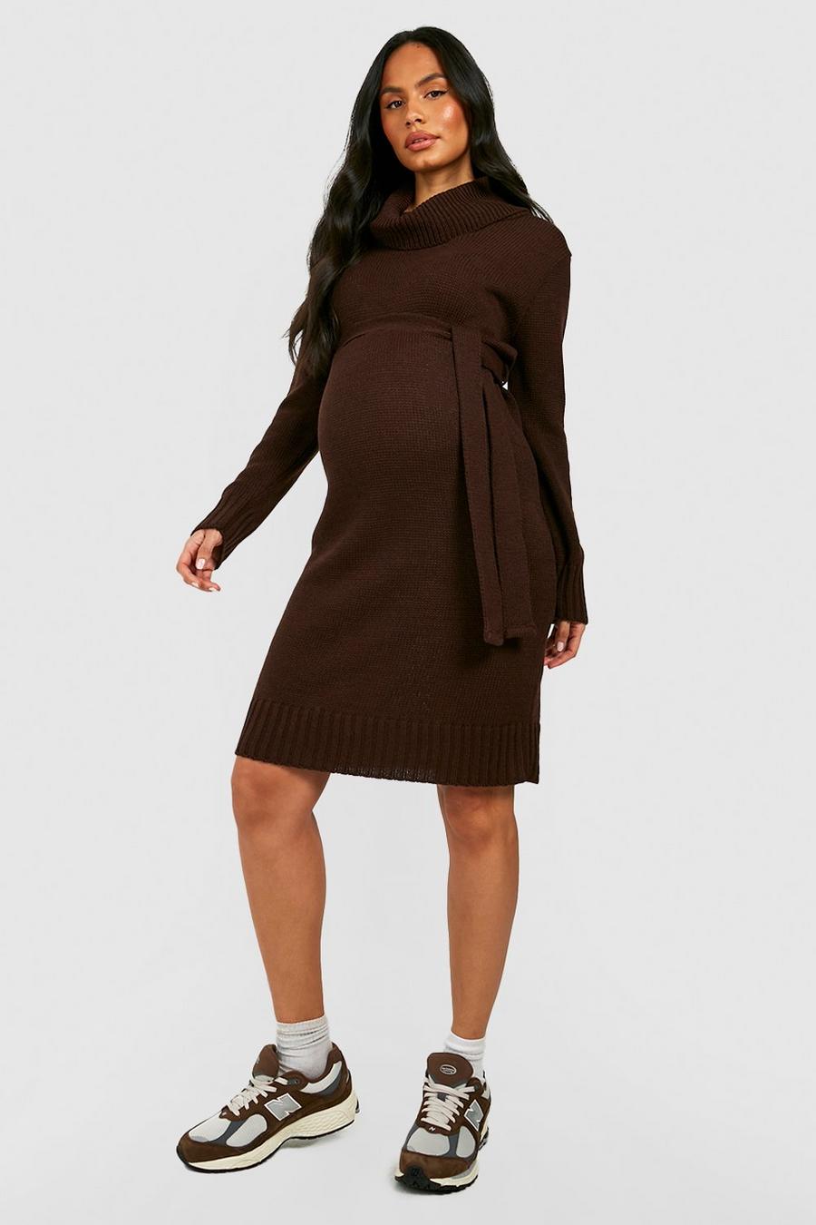 Chocolate brown Maternity Cowl Neck Sweater Midi Dress