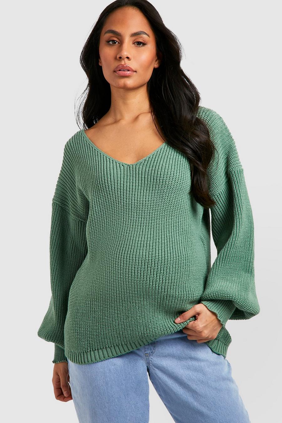 Sage green Maternity V Neck Sweater