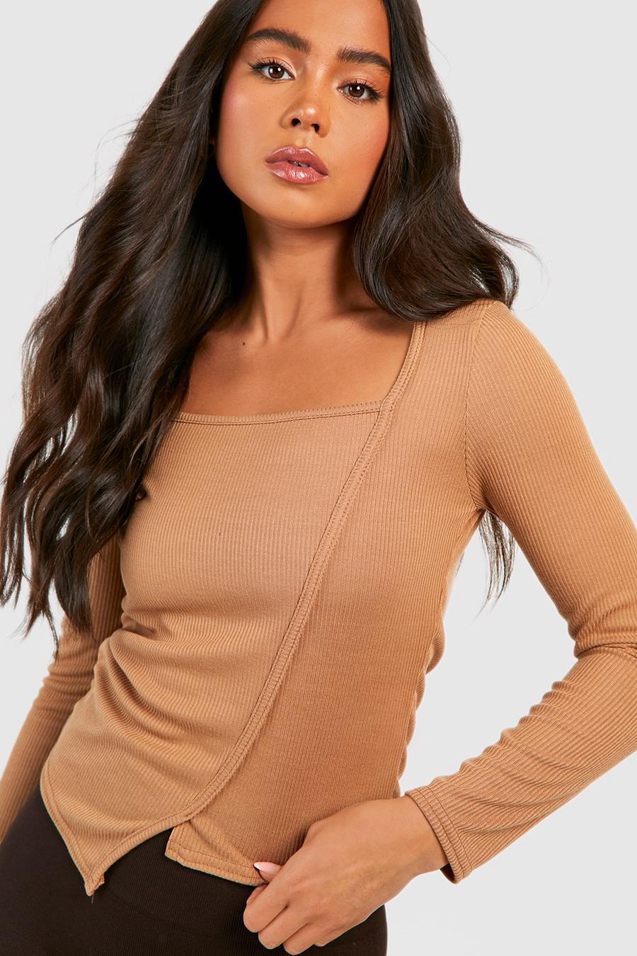Camel Petite Soft Knit Rib Cut Out Long Sleeve Top  image number 1