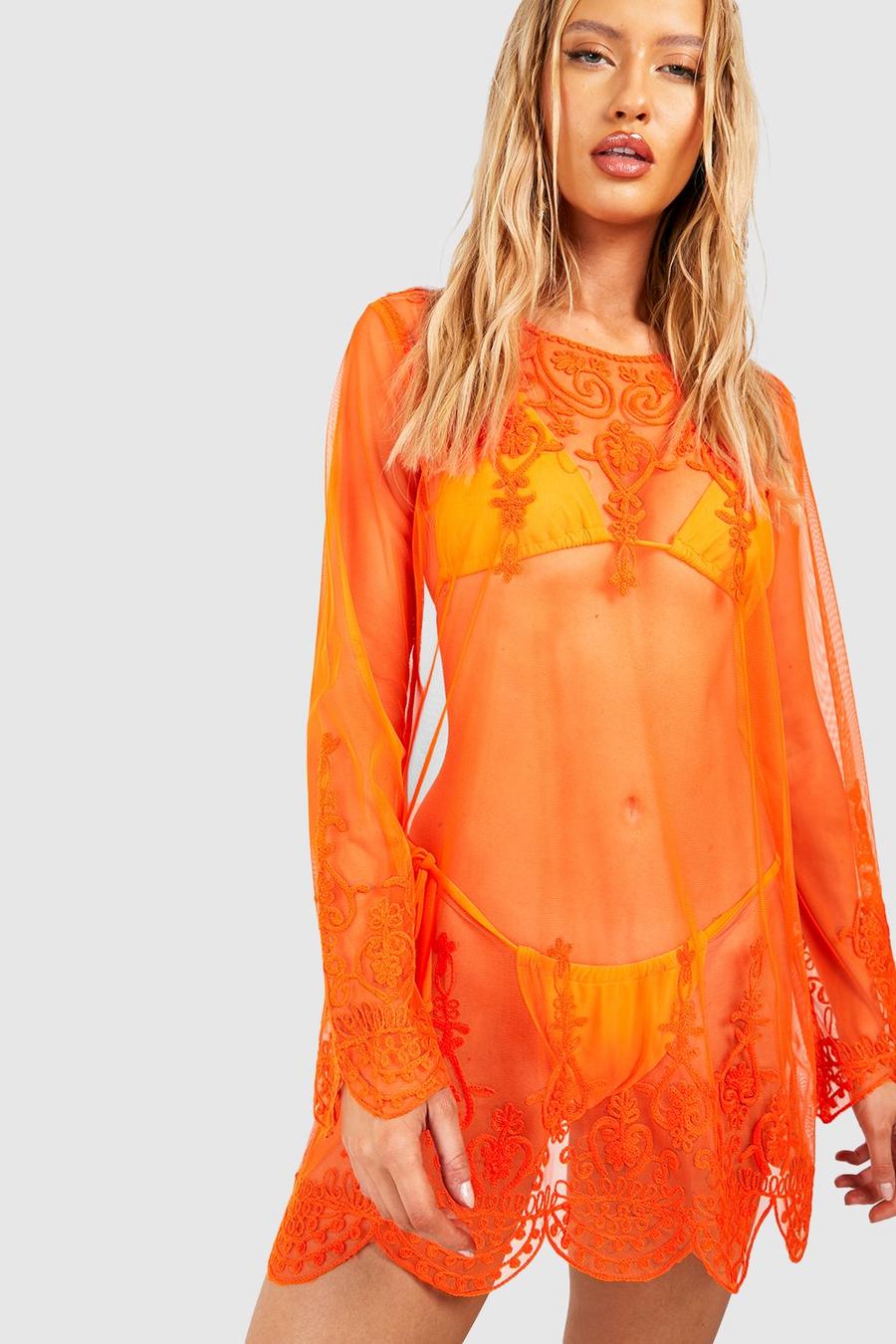 Orange Tall Embroidered Chiffon Long Sleeve Beach Dress image number 1
