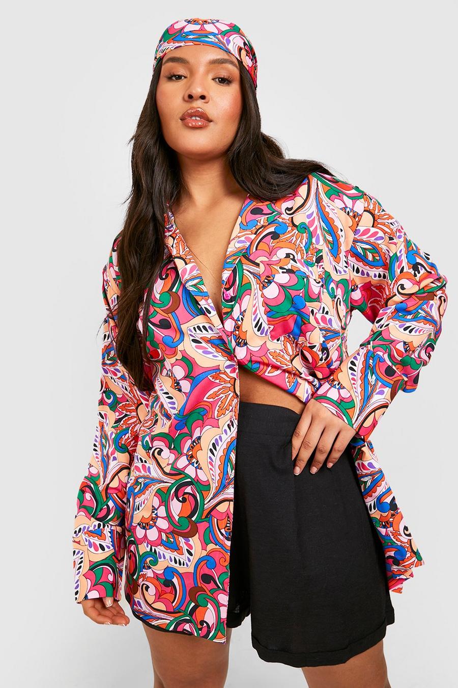 Plus Printed Floral Oversized Shirt & Headscarf  image number 1