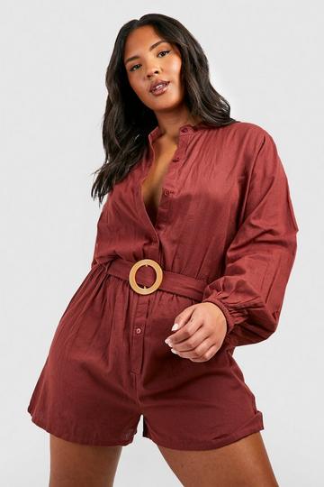 Plus Raffia Buckle Shirt Romper mocha