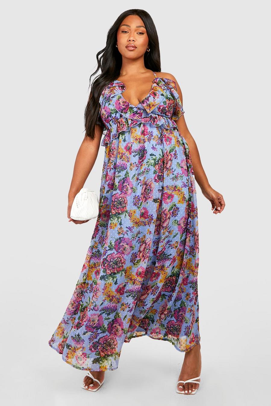 Blue Plus Floral Printed Dobby Mesh Ruffle Maxi Dress image number 1