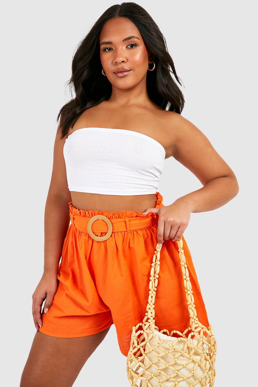 Pantaloncini Plus Size in lino con fibbia in rafia e fibbia Paperbag, Orange naranja