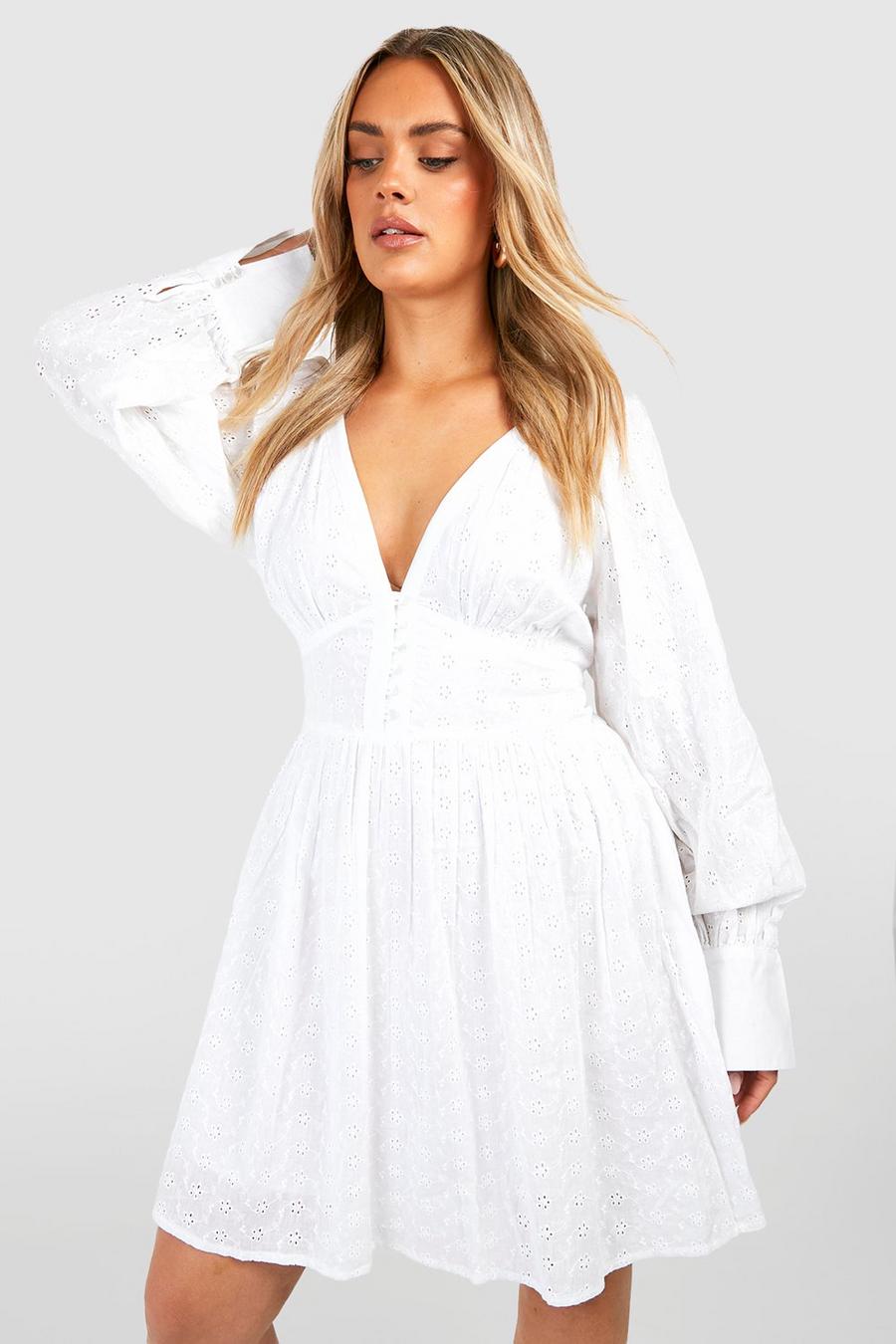 White Plus Button Front Broderie Skater Dress