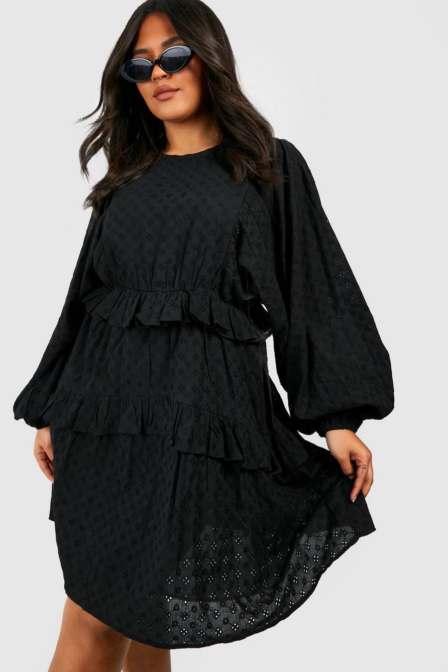 Black Plus Broderie Anglaise Ruffle Skater Dress image number 1