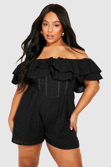 Black Plus Eyelet Ruffle Off The Shoulder Romper