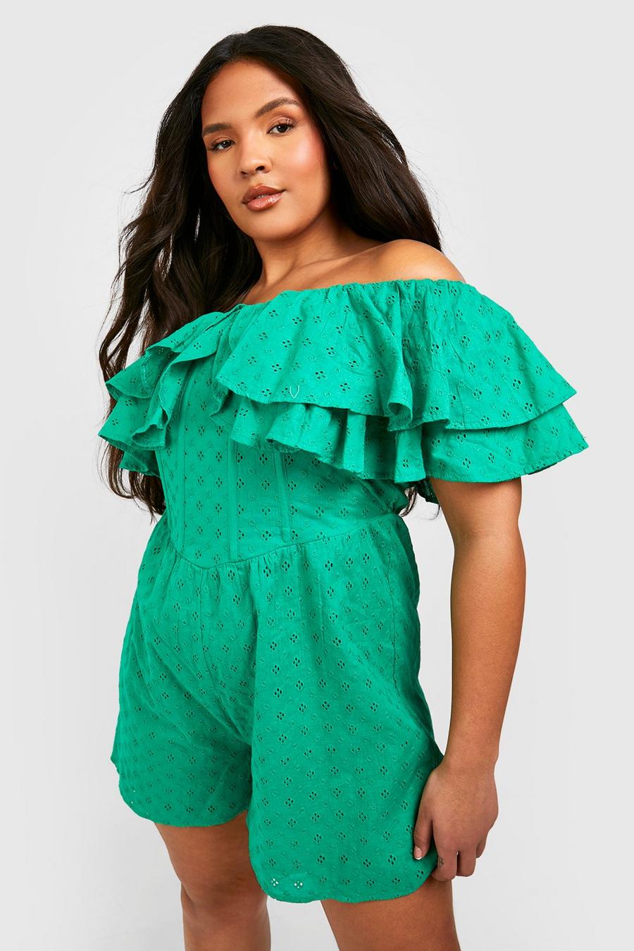 Green Plus Eyelet Ruffle Off The Shoulder Romper