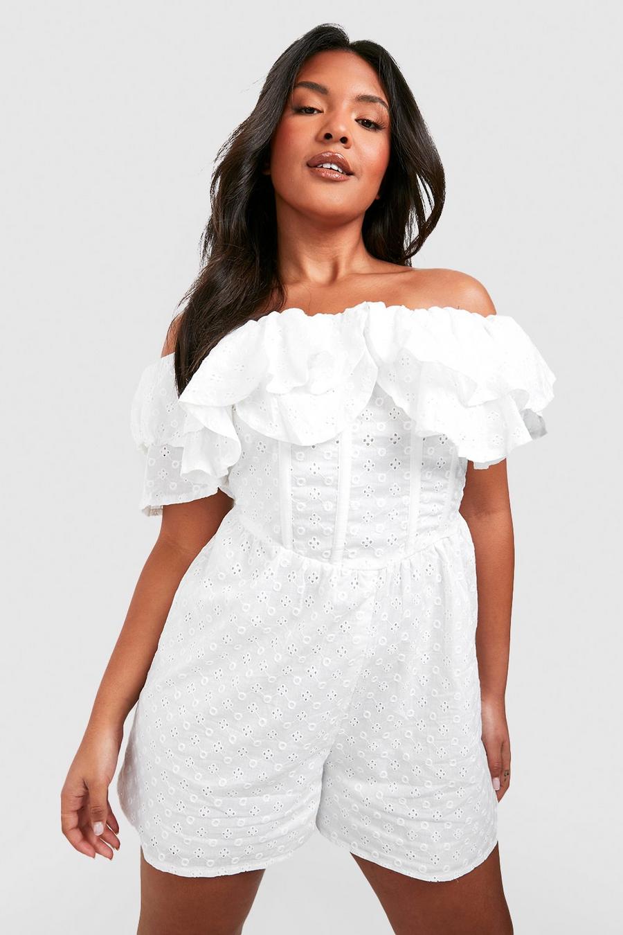 White Plus Broderie Ruffle Bardot Playsuit image number 1