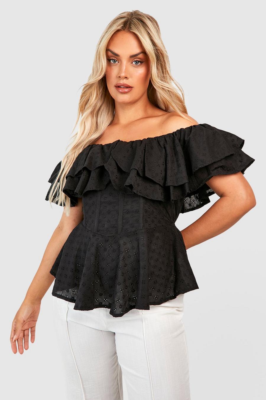 Black Plus Broderie Anglaise Bardot Ruffle Corset Top image number 1