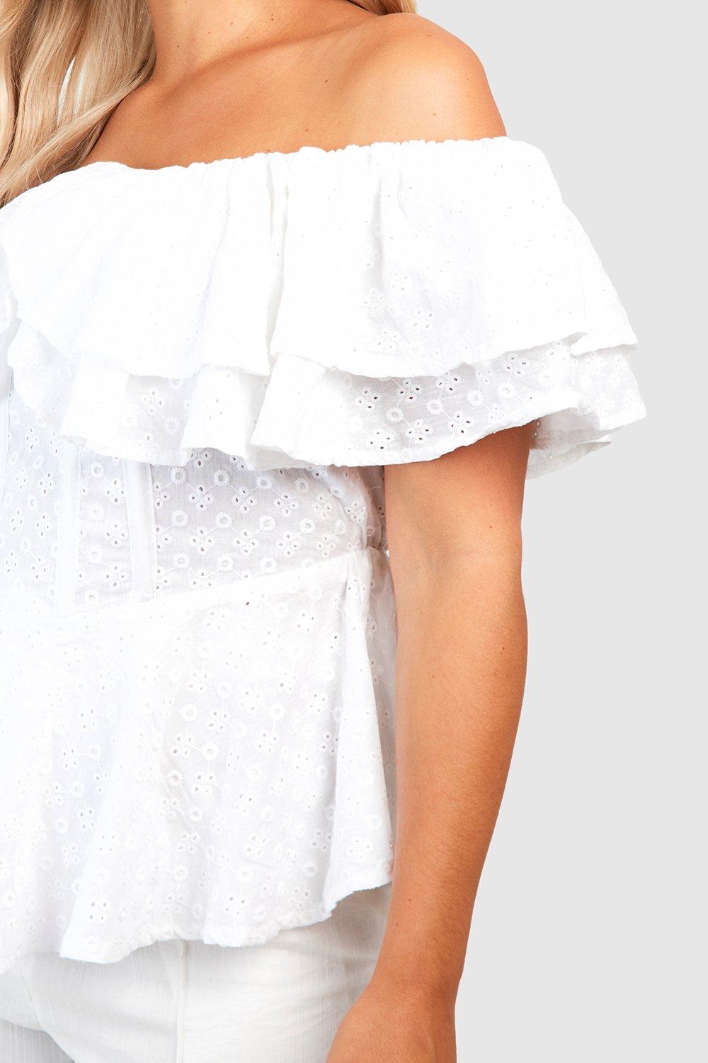 Plus Eyelet Anglaise Off The Shoulder Ruffle Corset Top